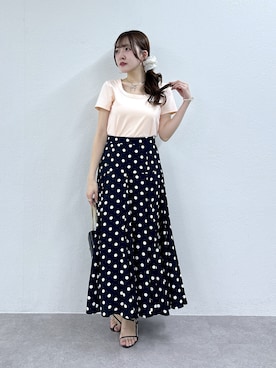 「La boutique BonBon（ラブティックボンボン）の【デコルテ美人見え】UネックコンパクトTシャツ（Tシャツ/カットソー、ピンク系）」を使った、Sanaさん（レディース・163cm）の春コーディネート