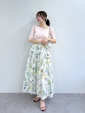 「La boutique BonBon（ラブティックボンボン）の【今すぐお届け！・全骨格おすすめ】クールタッチUVアシメネック5分袖ニット（ニット/セーター、ピンク系）」を使った、Sanaさん（レディース・163cm）の春コーディネート