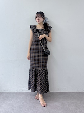 「La boutique BonBon（ラブティックボンボン）のチェックレーストリムワンピース（ワンピース、ブラウン系）」を使った、Sanaさん（レディース・163cm）の夏コーディネート