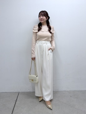 「La boutique BonBon（ラブティックボンボン）のラメオフショルマチ入りニット（ニット/セーター、ピンク系）」を使った、Sanaさん（レディース・163cm）の秋コーディネート