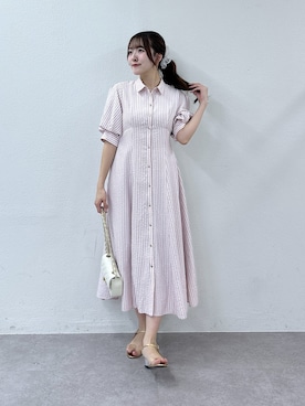 「La boutique BonBon（ラブティックボンボン）の【sana監修・最強愛されワンピ】ストライプフレアシャツワンピース（ワンピース、ホワイト系）」を使った、Sanaさん（レディース・163cm）の春コーディネート