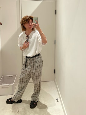 「PairPair（ペアペア）のチェック柄テーパードパンツ（その他パンツ）」を使った、はるとさん（メンズ・162cm・20代）の夏コーディネート