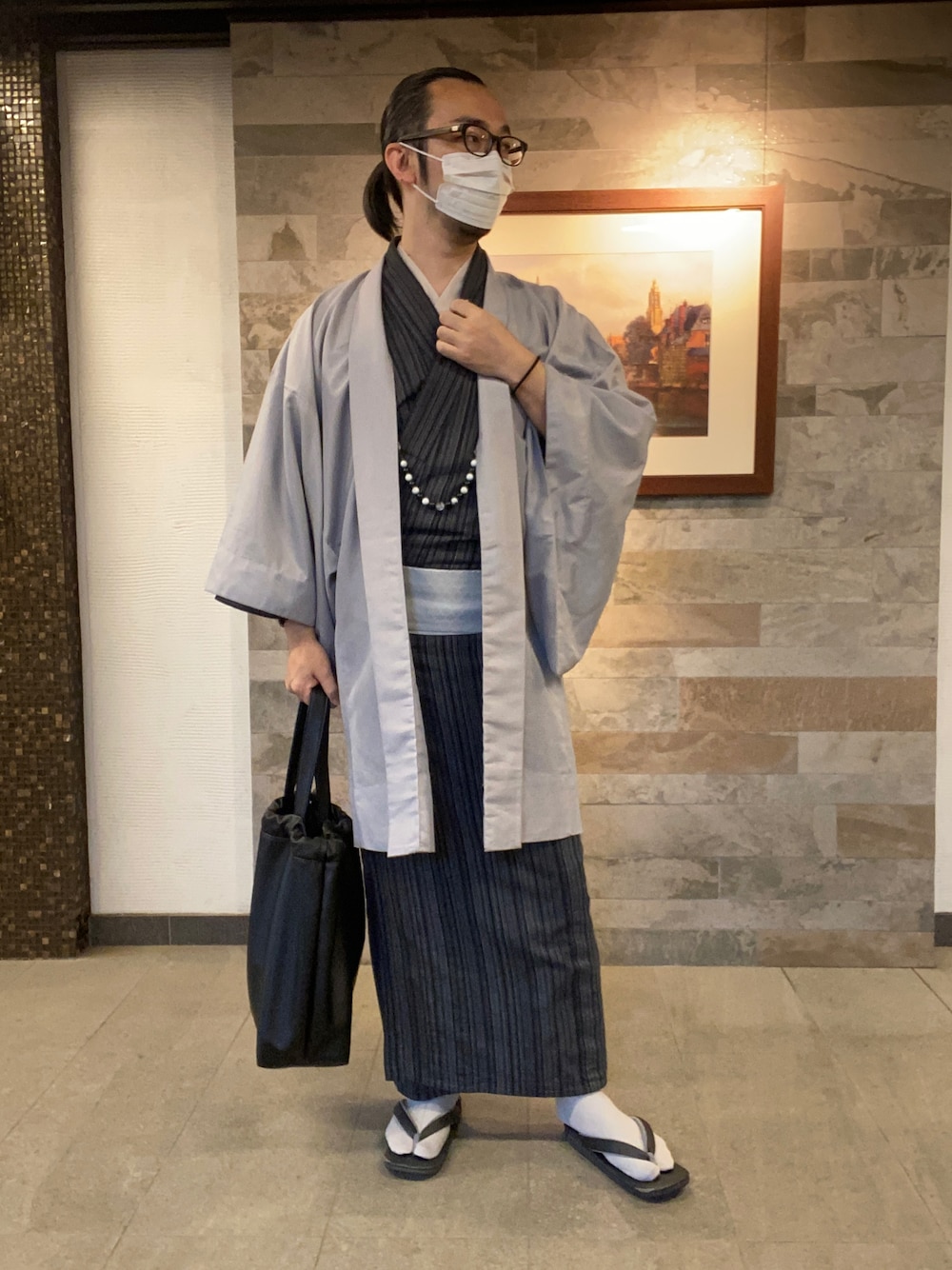 「着物、着物男子、浴衣、浴衣男子、和装、和装男子、シンプルスタイル、ブラック、グレー、メガネ男子」｜「Calen Blossoのアイテム（着物、ブラック系）」を使った、はらしまやぎおさん（メンズ・172cm）の秋コーディネートの1枚目の写真