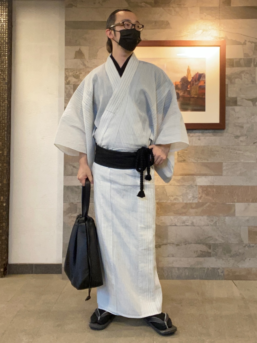 「着物、着物男子、浴衣、浴衣男子、和装、和装男子、夏着物」｜「GUのアイテム（トートバッグ、ブラック系）」を使った、はらしまやぎおさん（メンズ・172cm）の夏コーディネートの1枚目の写真