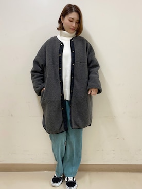 「コーデュロイ」｜「アイテム（ノーカラーコート）」を使った、mizukiさん（レディース・160cm）の冬コーディネート