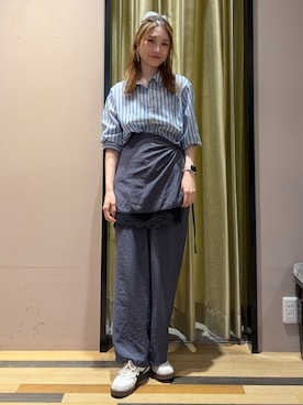 「Green　Parks（グリーンパークス）の■WITH KURUMI.N オーバーシャツ（シャツ/ブラウス、ブルー系）」を使った、mizukiさん（レディース・160cm）の夏コーディネート