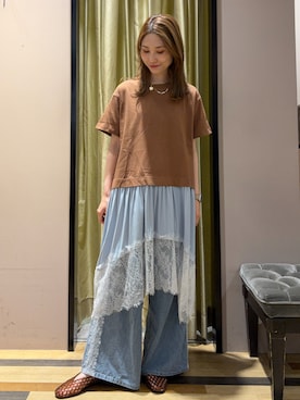 「Green　Parks（グリーンパークス）のサイドレースデニムワイドパンツ（デニムパンツ、ブルー系）」を使った、mizukiさん（レディース・160cm）の夏コーディネート