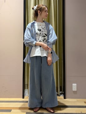 「Green　Parks（グリーンパークス）のサイドレースデニムワイドパンツ（デニムパンツ、ブルー系）」を使った、mizukiさん（レディース・160cm）の夏コーディネート