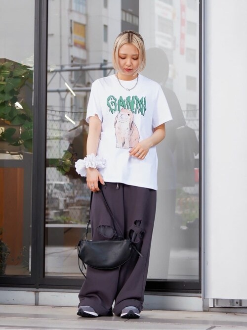 GANNI/ガニー WHITE GRAPHIC BUNNY JERSEY T-SHIRT / T2778 / フロントプリント半袖Tシャツ ラビット