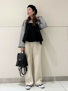 「ハイウエストパンツ」｜「アイテム（ハンチング/ベレー帽）」を使った、flowerさん（レディース・158cm）の冬コーディネート