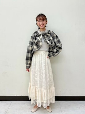 「レーススカート」｜「アイテム（ノーカラージャケット）」を使った、flowerさん（レディース・154cm）の秋コーディネート