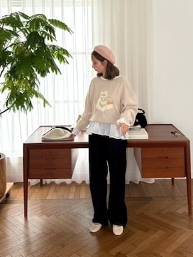 「ネコ」｜「アイテム（ハンチング/ベレー帽）」を使った、flowerさん（レディース・160cm）の秋コーディネート