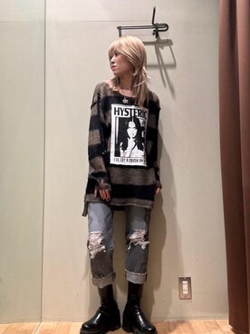 「HYSTERIC GLAMOUR（ヒステリックグラマー）のSNAKE LOOP 8分丈クラッシュデニムパンツ（デニムパンツ）」を使った、NANAMIさん（レディース・160cm）の秋コーディネート