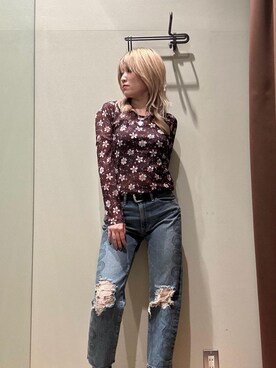 「HYSTERIC GLAMOUR（ヒステリックグラマー）のSNAKE LOOP 8分丈クラッシュデニムパンツ（デニムパンツ）」を使った、NANAMIさん（レディース・160cm）の冬コーディネート