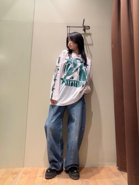 「HYSTERIC GLAMOUR（ヒステリックグラマー）のBANANA GIRL ホッケーシャツ（Tシャツ/カットソー、ホワイト系）」を使った、NANAMIさん（レディース・160cm）の春コーディネート