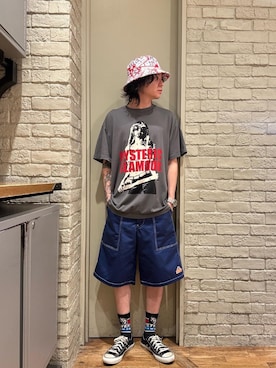 「アイテム（帽子、レッド系）」を使った、Mitsuさん（メンズ・170cm）の夏コーディネート