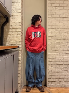 「HYSTERIC GLAMOUR（ヒステリックグラマー）のHYS UNIVERSITY パーカー（パーカー、ピンク系）」を使った、Mitsuさん（メンズ・170cm）の春コーディネート