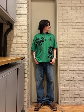 「HYSTERIC GLAMOUR（ヒステリックグラマー）のWAP加工 バギーストレートパンツ（デニムパンツ、ブルー系）」を使った、Mitsuさん（メンズ・170cm）の春コーディネート