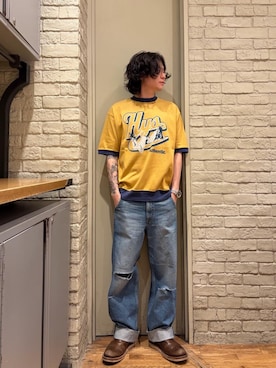 「HYSTERIC GLAMOUR（ヒステリックグラマー）のAUTHENTICジャカード Tシャツ（Tシャツ/カットソー、イエロー系）」を使った、Mitsuさん（メンズ・170cm）の春コーディネート
