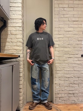 「HYSTERIC GLAMOUR（ヒステリックグラマー）のFUZZ MASTER Tシャツ（Tシャツ/カットソー、ブラック系）」を使った、Mitsuさん（メンズ・170cm）の夏コーディネート
