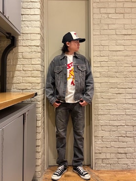 「HYSTERIC GLAMOUR（ヒステリックグラマー）のGUITAR GIRL メッシュキャップ（キャップ、ブラック系）」を使った、Mitsuさん（メンズ・170cm）の夏コーディネート