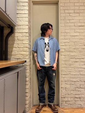 「HYSTERIC GLAMOUR（ヒステリックグラマー）のSEE NO EVILワッペン オープンカラーシャツ（シャツ/ブラウス、ブルー系）」を使った、Mitsuさん（メンズ・170cm）の夏コーディネート