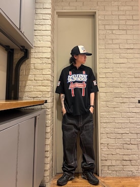 「HYSTERIC GLAMOUR（ヒステリックグラマー）のダブルニーデニムパンツ（その他パンツ、ブラック系）」を使った、Mitsuさん（メンズ・170cm）の夏コーディネート