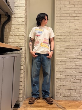 「HYSTERIC GLAMOUR（ヒステリックグラマー）のWAP加工 バギーストレートパンツ（デニムパンツ、ブルー系）」を使った、Mitsuさん（メンズ・170cm）の夏コーディネート