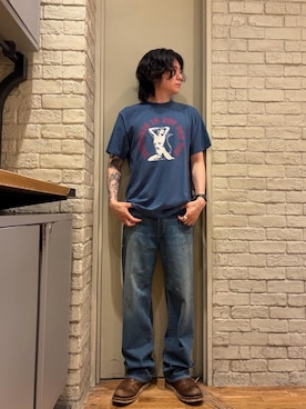 「HYSTERIC GLAMOUR（ヒステリックグラマー）のWAP加工 バギーストレートパンツ（デニムパンツ、ブルー系）」を使った、Mitsuさん（メンズ・170cm）の夏コーディネート