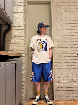 「HYSTERIC GLAMOUR（ヒステリックグラマー）のGUITAR GIRL スケーターソックス（ソックス/靴下、イエロー系）」を使った、Mitsuさん（メンズ・170cm）の夏コーディネート