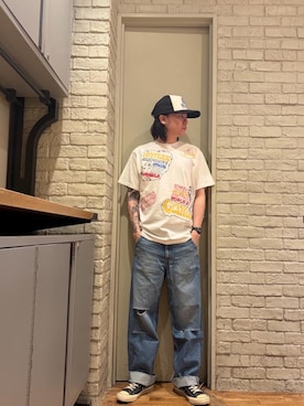 「HYSTERIC GLAMOUR（ヒステリックグラマー）のMETAL WOMAN メッシュキャップ（キャップ、ブラック系）」を使った、Mitsuさん（メンズ・170cm）の夏コーディネート