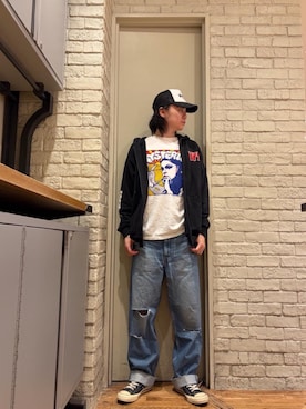 「HYSTERIC GLAMOUR（ヒステリックグラマー）のHYSTERIC BODY POWDER Tシャツ（Tシャツ/カットソー、ホワイト系）」を使った、Mitsuさん（メンズ・170cm）の夏コーディネート