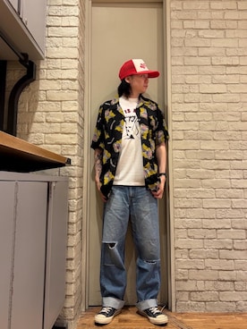 「HYSTERIC GLAMOUR（ヒステリックグラマー）の【26～28cm】サイドジップ ハイカットスニーカー（スニーカー、ブラック系）」を使った、Mitsuさん（メンズ・170cm）の夏コーディネート