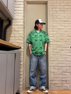 「HYSTERIC GLAMOUR（ヒステリックグラマー）のRESIZE加工 デニムストレートパンツ（デニムパンツ、ブルー系）」を使った、Mitsuさん（メンズ・170cm）の夏コーディネート