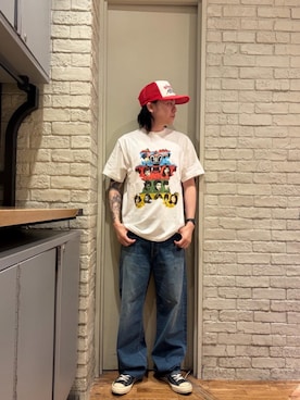「HYSTERIC GLAMOUR（ヒステリックグラマー）のWAP加工 バギーストレートパンツ（デニムパンツ、ブルー系）」を使った、Mitsuさん（メンズ・170cm）の夏コーディネート