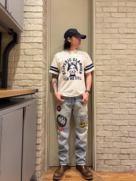「HYSTERIC GLAMOUR（ヒステリックグラマー）のSEE NO EVIL Tシャツ（Tシャツ/カットソー、ホワイト系）」を使った、Mitsuさん（メンズ・170cm）の夏コーディネート
