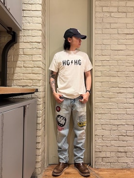 「HYSTERIC GLAMOUR（ヒステリックグラマー）のHG/HG TOUR 1984 Tシャツ（Tシャツ/カットソー、ホワイト系）」を使った、Mitsuさん（メンズ・170cm）の夏コーディネート