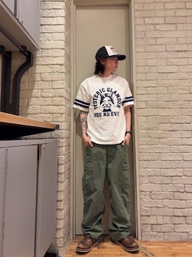 「HYSTERIC GLAMOUR（ヒステリックグラマー）のGUITAR GIRL メッシュキャップ（キャップ、ブラック系）」を使った、Mitsuさん（メンズ・170cm）の夏コーディネート
