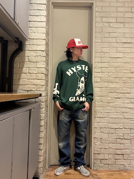 「HYSTERIC GLAMOUR（ヒステリックグラマー）のHRA加工 WW2ストレートデニムパンツ（デニムパンツ、ブルー系）」を使った、Mitsuさん（メンズ・170cm）の夏コーディネート