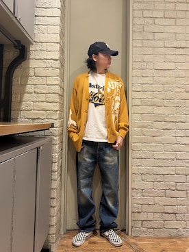 「HYSTERIC GLAMOUR（ヒステリックグラマー）のHRA加工 WW2ストレートデニムパンツ（デニムパンツ、ブルー系）」を使った、Mitsuさん（メンズ・170cm）の夏コーディネート