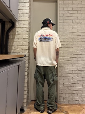 「HYSTERIC GLAMOUR（ヒステリックグラマー）の6ポケットカーゴパンツ（カーゴパンツ、グリーン系）」を使った、Mitsuさん（メンズ・170cm）の夏コーディネート