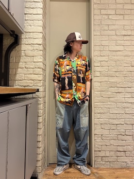 「HYSTERIC GLAMOUR（ヒステリックグラマー）のHYSTERIC 0321 ニータックワイドパンツ（その他パンツ、ブルー系）」を使った、Mitsuさん（メンズ・170cm）の夏コーディネート