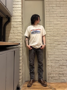「HYSTERIC GLAMOUR（ヒステリックグラマー）のHYS SP加工 スリムストレートデニムパンツ（デニムパンツ、ブラック系）」を使った、Mitsuさん（メンズ・170cm）の夏コーディネート