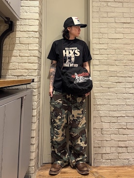 「HYSTERIC GLAMOUR（ヒステリックグラマー）のMAKE MY DAY Tシャツ（Tシャツ/カットソー、ブラック系）」を使った、Mitsuさん（メンズ・170cm）の秋コーディネート