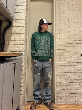 「HYSTERIC GLAMOUR（ヒステリックグラマー）のSPEEDSTERジャカード セーター（ニット/セーター、グリーン系）」を使った、Mitsuさん（メンズ・170cm）の秋コーディネート
