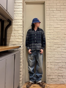 「HYSTERIC GLAMOUR（ヒステリックグラマー）のEVIL COLLEGE クロッシェハット（ハット、ブルー系）」を使った、Mitsuさん（メンズ・170cm）の秋コーディネート