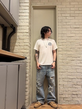 「HYSTERIC GLAMOUR（ヒステリックグラマー）のAkashic Tree/SEE NO EVILビーズネックレス（ネックレス、ブルー系）」を使った、Mitsuさん（メンズ・170cm）の秋コーディネート