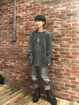 「HYSTERIC GLAMOUR（ヒステリックグラマー）のSNAKE LOOP 8分丈クラッシュデニムパンツ（デニムパンツ）」を使った、AMさん（レディース・151cm）の秋コーディネート