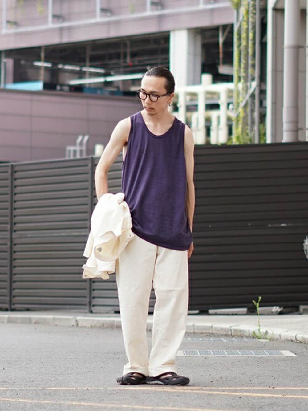 「休日スタイル、インナー、タンクトップ、セットアップスタイル、スラブ、フラッグスポーツ、FLAG SPORT、アークネッツ、ARKnets」｜「FLAG SPORTのFLAG SPORT / フラッグスポーツ：12 / Slab Tank T：FS2004[STD]（タンクトップ、ブルー系）」を使った、ARKnets STAFFさん（メンズ・171cm）の夏コーディネートの1枚目の写真