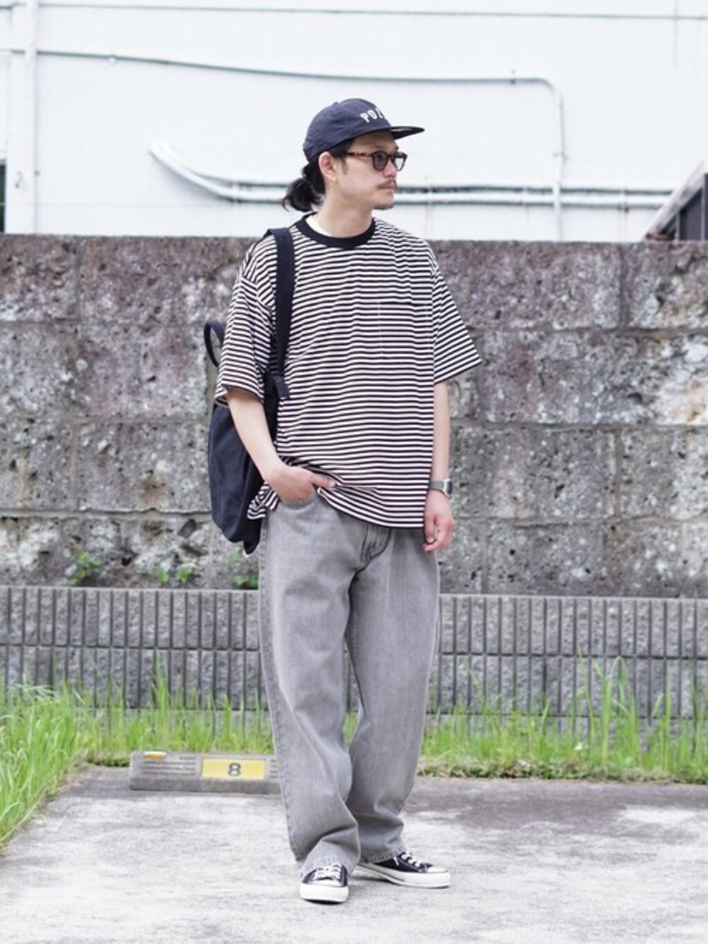 「ショルダーバッグ、めがね、converse、TIMEX、SLOW、Levis、poler outdoor stuff、BALLAST ARK、ABU GARCIA、NOCHINO OPTICAL」｜「BALLAST ARKのBALLAST ARK / バラストアーク：BORDER S/S POCKET TEE：BA07-T004[AST]（Tシャツ/カットソー、ホワイト系）」を使った、ARKnets STAFFさん（メンズ・178cm）の夏コーディネートの1枚目の写真